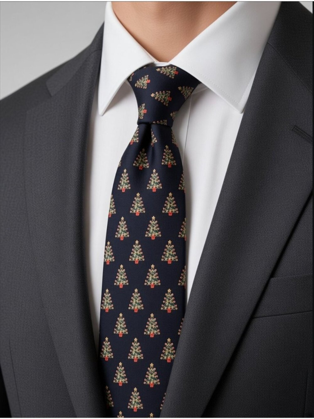 Holiday Traditions Christmas Tree Pattern Mens Tie Black Polyester Festive Offic
